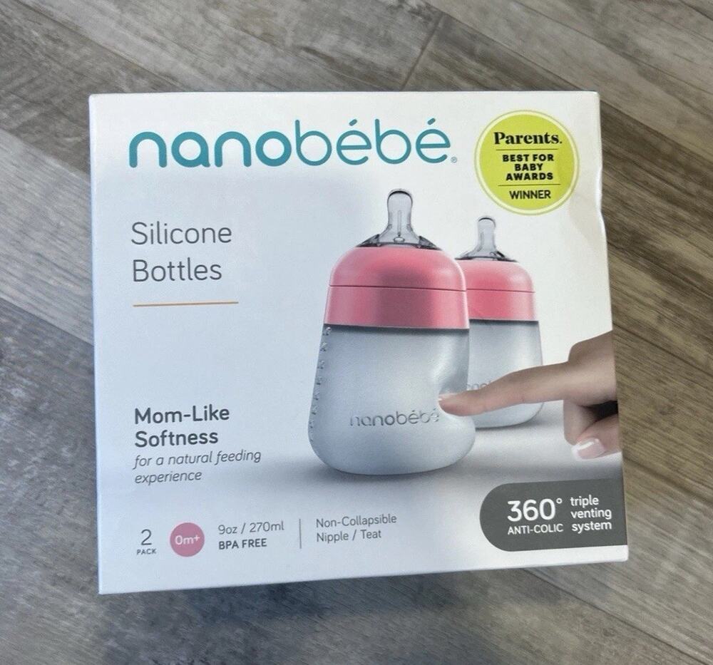 Nanobebe silicone bottles 2 pack 9oz/270ml BPA Free 360° anti-colic 0m+ pink
